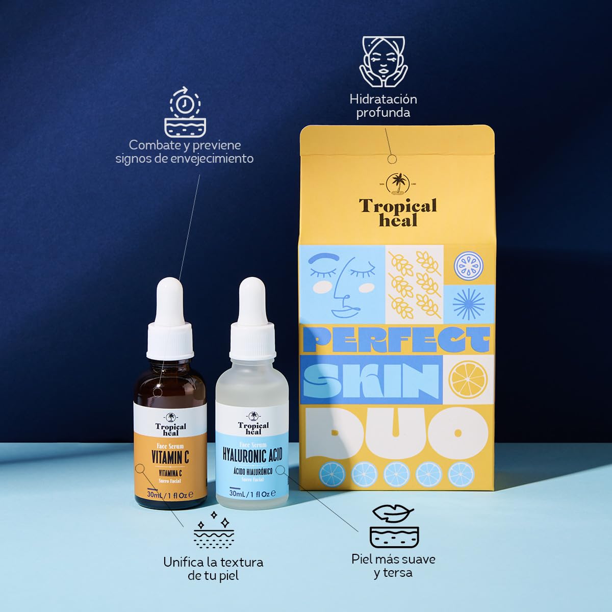 Tropical Heal - Perfect Skin Duo Vitamina C 10% y Ácido Hialurónico 2% - Sueros Faciales para Hidratación, Rejuvenecimiento y Protección - Unifica el Tono y Suaviza Líneas - 30 ml c/u