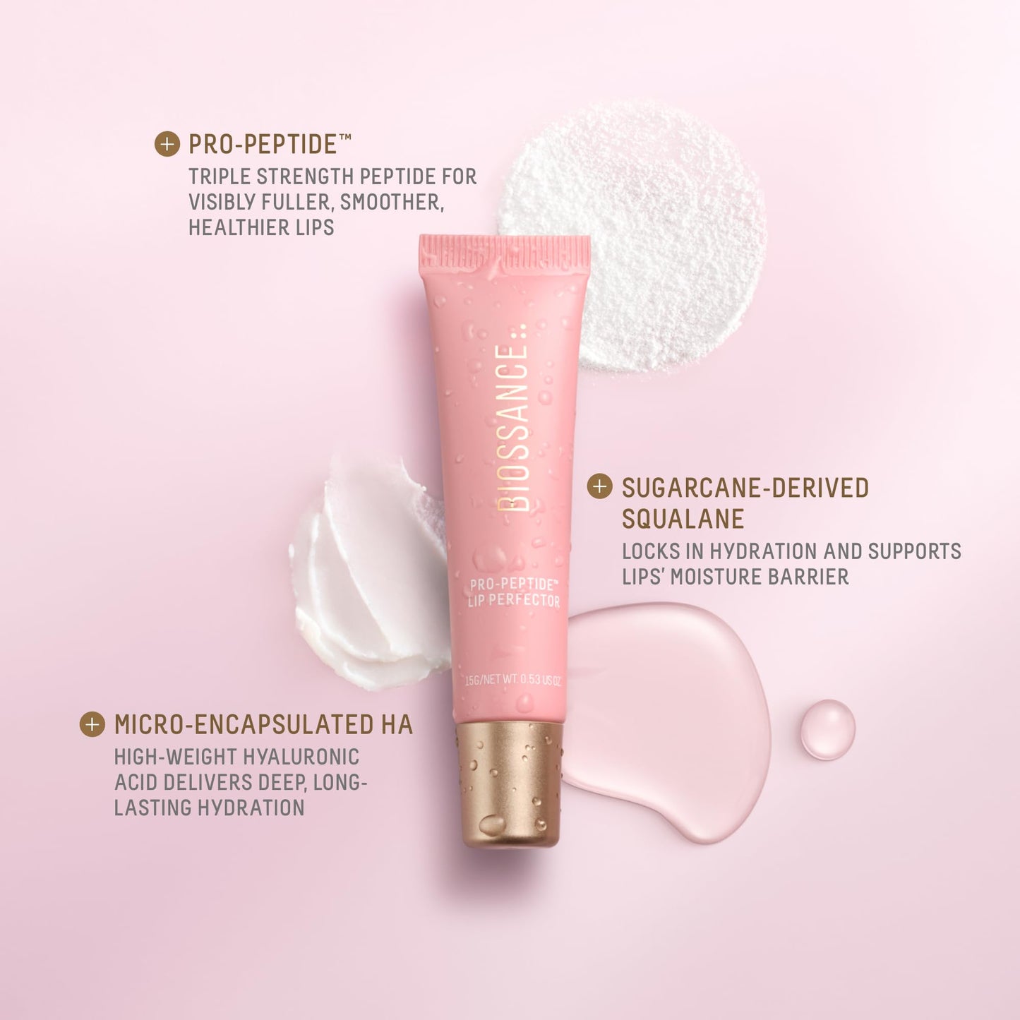 BIOSSANCE Biossance, Pro-PeptideTM Lip Perfector, tratamiento con escualano + péptidos y ácido hialurónico para labios, bálsamo labial hidratante diario para labios suaves, Blush Quartz - PINK, 1 un