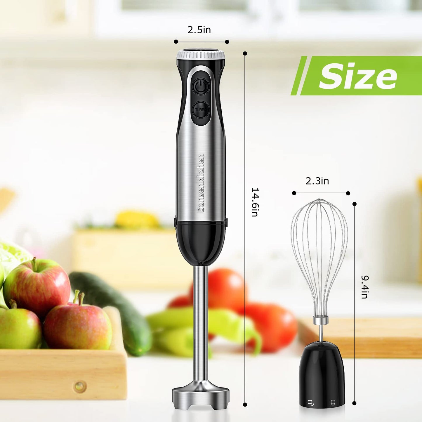 Bonsenkitchen Batidora de mano de inmersión 2 en 1, multiusos de 500 W con batidor, 20 velocidades y modo turbo, de acero inoxidable 304 para licuados, papillas para bebés y sopas