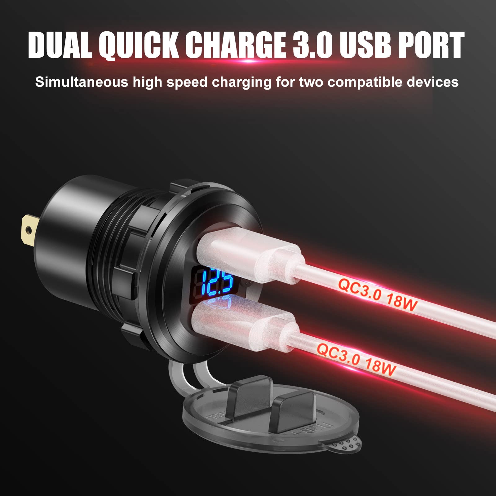 Toma de corriente USB de 12 V/24 V, carga rápida 3.0, enchufe de cargador de coche de doble puerto con voltímetro azul, cargador USB de aluminio impermeable, kit de bricolaje para coche, motocicleta
