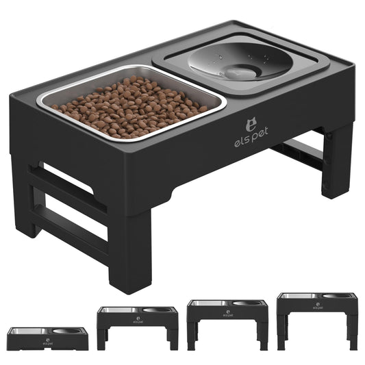 ELS PET - Cuencos elevados para perros, cuencos elevados ajustables con tazón de agua para perros sin derrames y tazón de acero inoxidable/alimentador lento, soporte para cuencos para perros pequeños,