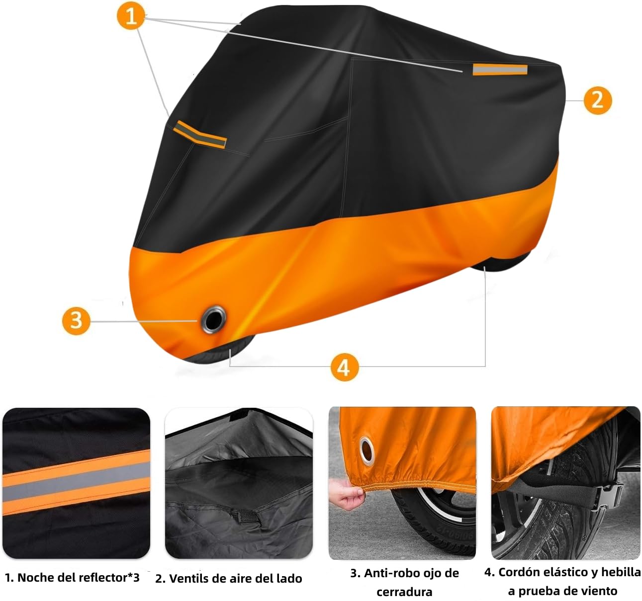 Funda para Moto Impermeable, 190T Tela Oxford Cubierta de Motocicleta, Calidad Impermeable Sol Protección, Motocicletas Vehículo Cubierta de la Motocicleta con 2 Lock-Holes&3 Tiras Reflectantes