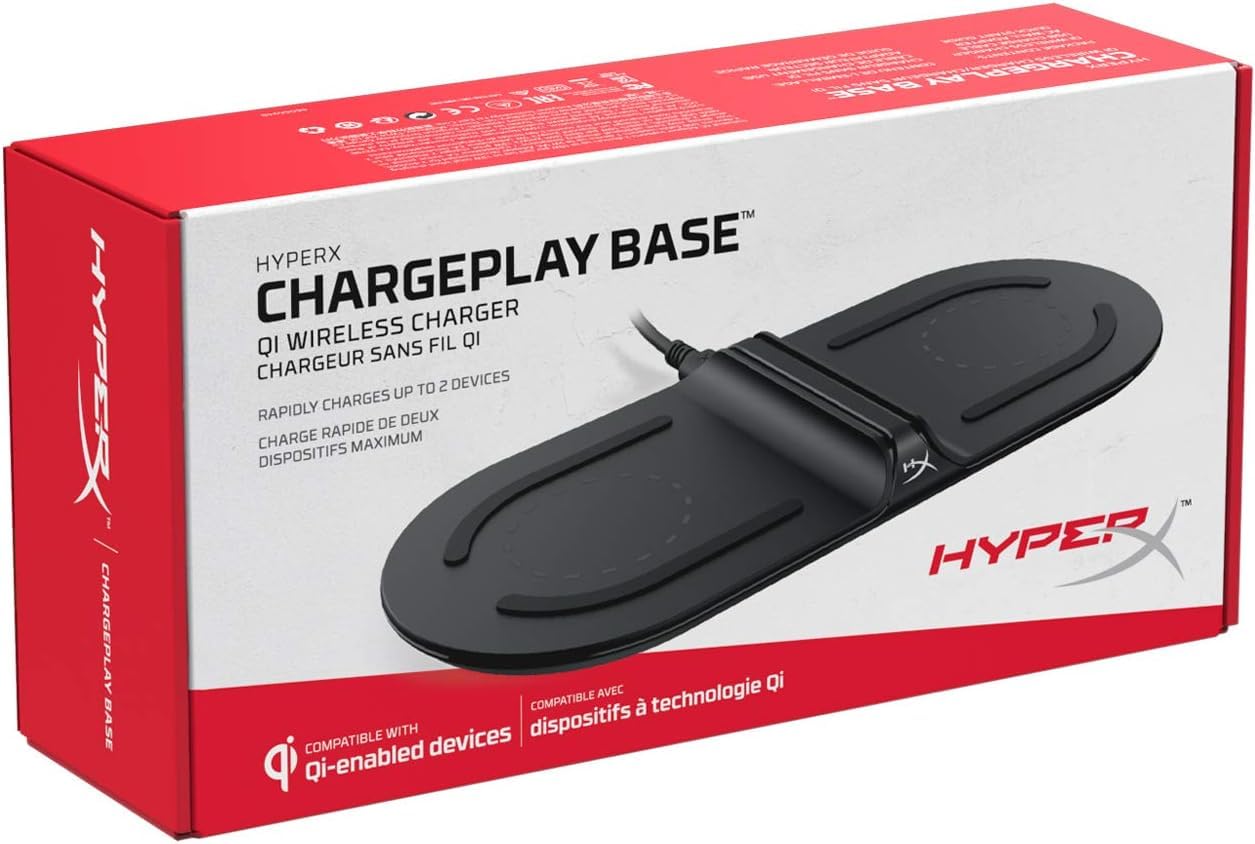 HyperX Chargeplay Base – Cargador inalámbrico Qi, certificado Qi, almohadillas para orejas de carga inalámbricas duales, carga hasta dos dispositivos, indicadores de batería, adaptador de pared de CA,