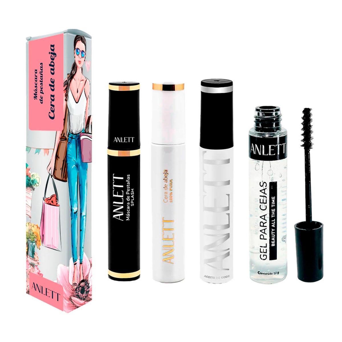 Anlett Kit de Máscaras para Pestañas, Set de 4 Productos, Volumen y Definición, Negro