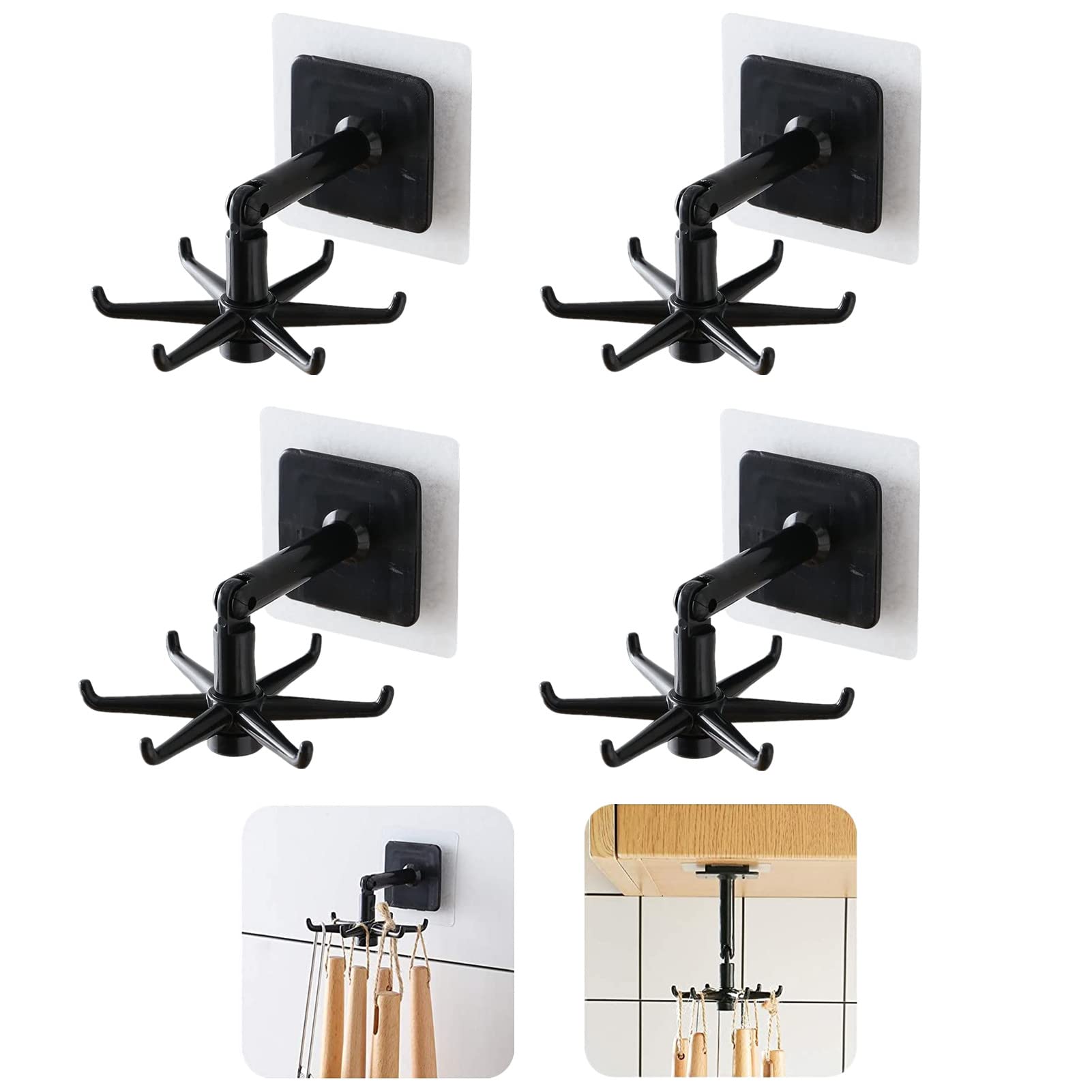 Gancho Plegable Giratorio de 360 Grados,Gancho Giratorio de Cocina de 4 Piezas,Gancho Multiusos para Colgar Utensilios,Gancho Autoadhesivo con 6 Ganchos,Gancho Vertical de 180 Grados (Negro)