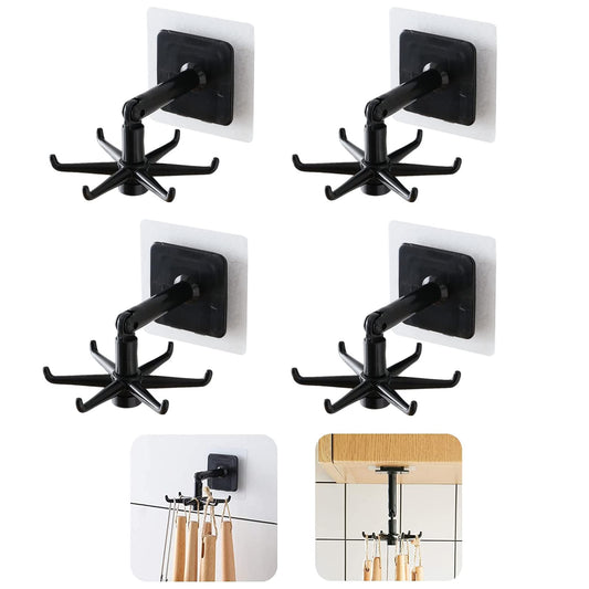 Gancho Plegable Giratorio de 360 Grados,Gancho Giratorio de Cocina de 4 Piezas,Gancho Multiusos para Colgar Utensilios,Gancho Autoadhesivo con 6 Ganchos,Gancho Vertical de 180 Grados (Negro)