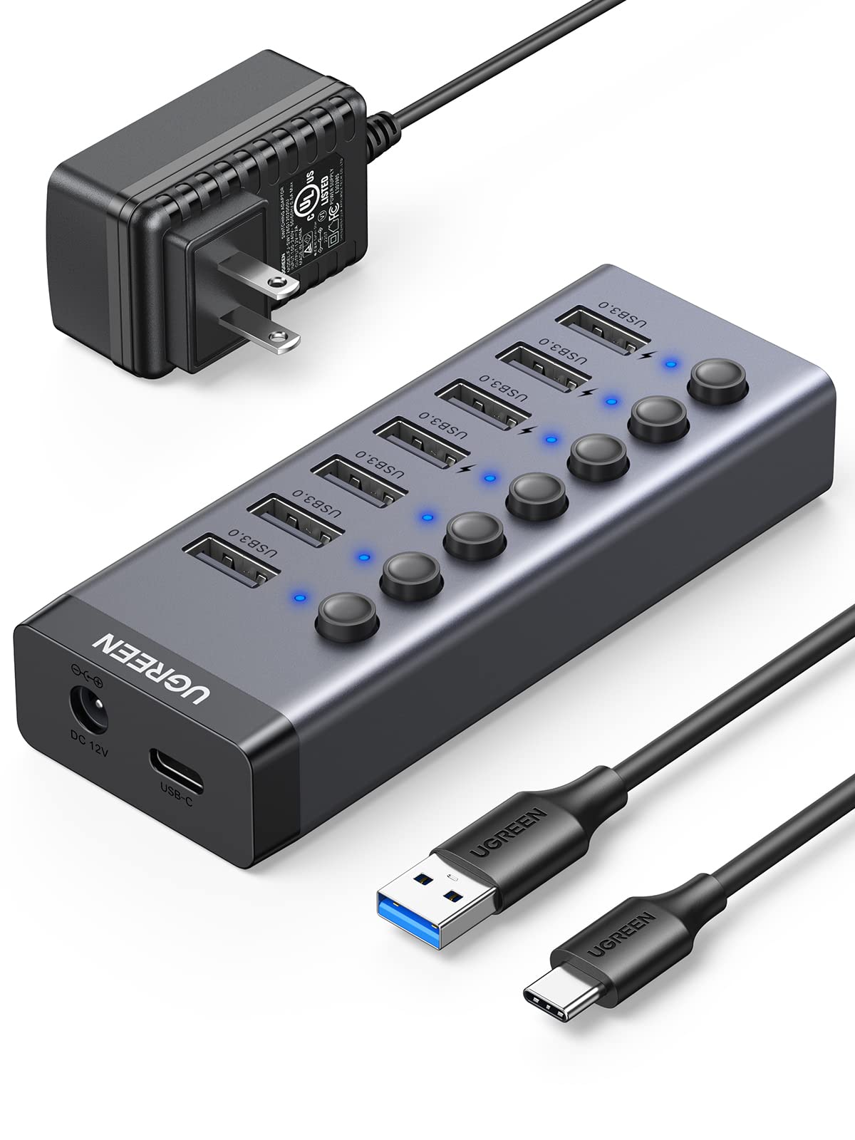 Hub USB 3.0 UGREEN Negro con 7 Puertos Independientes para PC, Portátil, Mac y MacBook Pro/Air