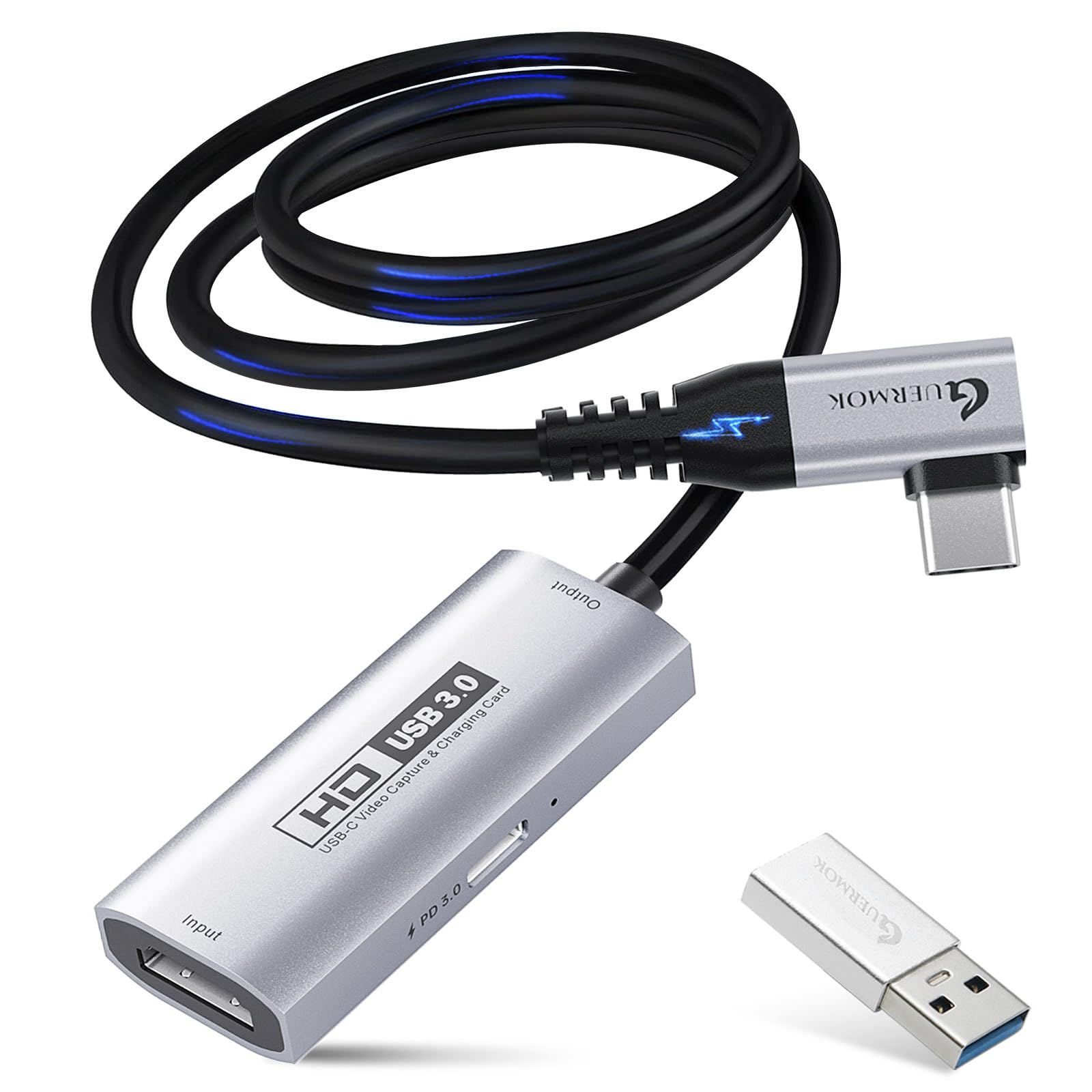 Guermok Tarjeta de Captura USB3.0 para Streaming, Adaptador USB-C/Tipo C 90° y PD 100W, 3.3ft 2K@30FPS HDMI a USB A/C para Oculus/Quest3/iPad/MacOS/Switch/PS5/4