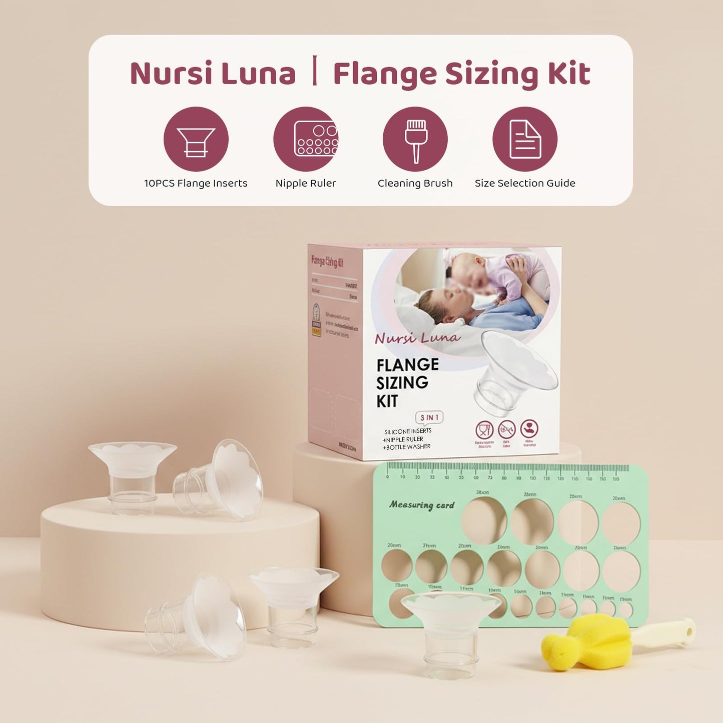 Nursi Luna - Kit de tamaño de brida 3 en 1 con 10 insertos de brida de 13/15/17/19/21 mm, kit de inserción de bridas de silicona para brida o escudo de 24 mm, kit esencial de bombeo para madres
