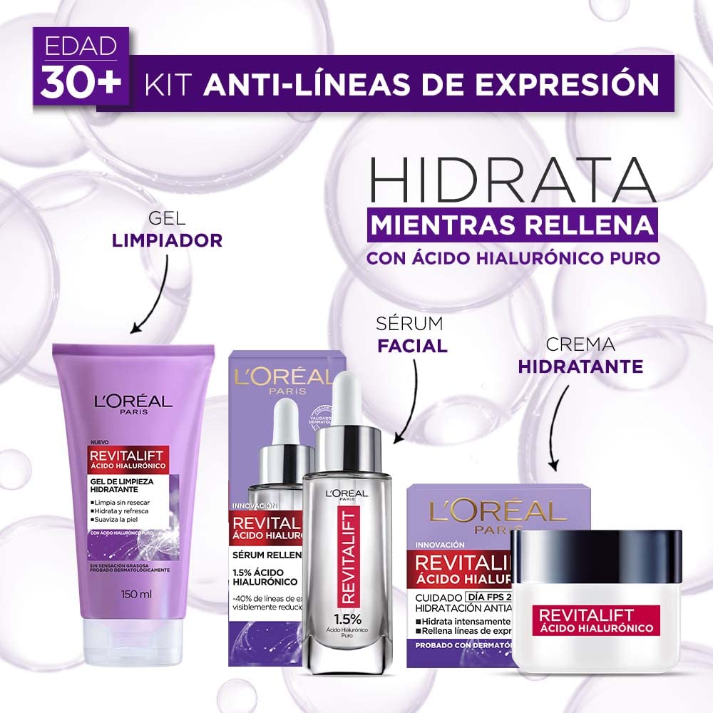 L'Oréal Paris Kit con Serum Facial, Crema de Día y Gel de Limpieza, Revitalift Ácido Hialurónico + Crema para ojos anti-líneas de expresion Revitalift Ácido Hialurónico de L'Oréal Paris, 15 ml