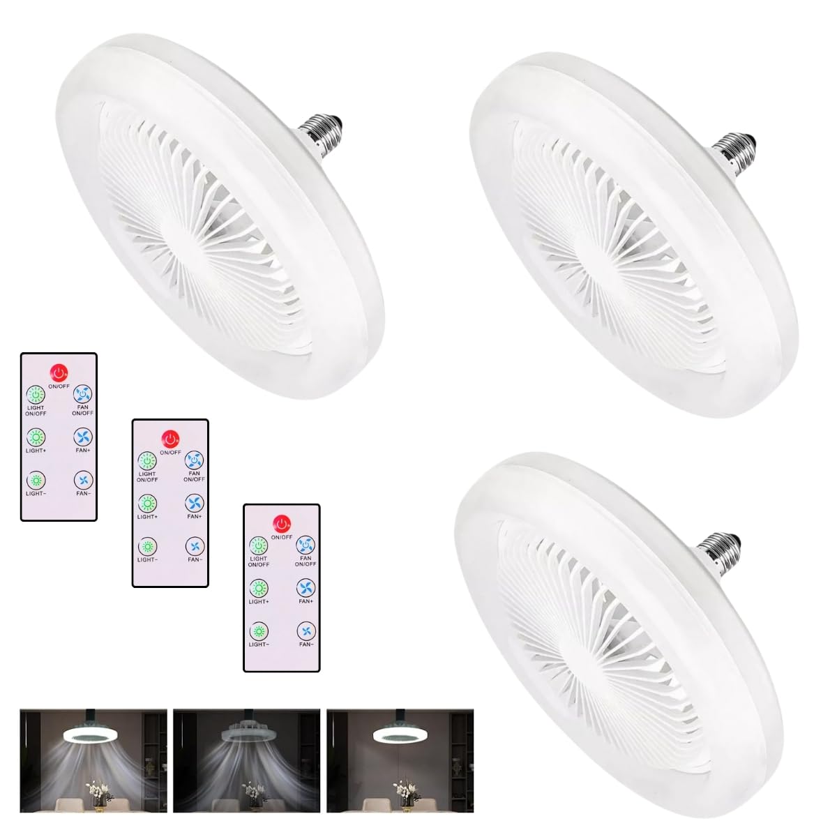 Foco LED Ventilador Techo Abanico Blanco Frío 6,500K° 3 Piezas Control Remoto