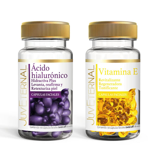 JUVETERNAL Dúo Cápsulas Faciales Vitamina E + Cápsulas Faciales Ácido Hialurónico, 90 cápsulas c/u Hidratación, Elasticidad y Protección para la Piel