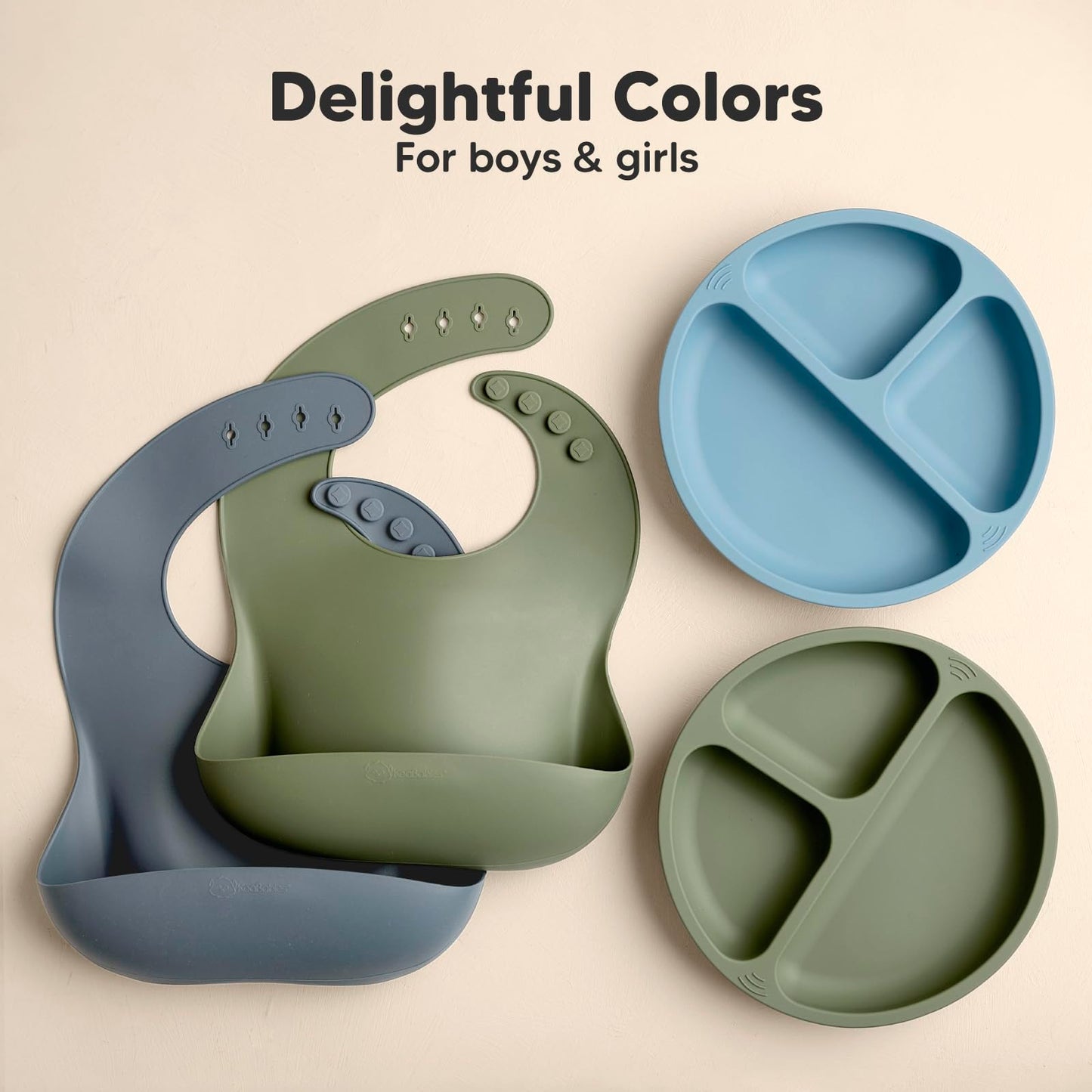 KeaBabies - Paquete de 2 baberos de silicona de grado alimenticio resistentes para bebés, niñas, niños, colector de alimentos grande, limpiar y poner fácilmente, esenciales de alimentación para niños