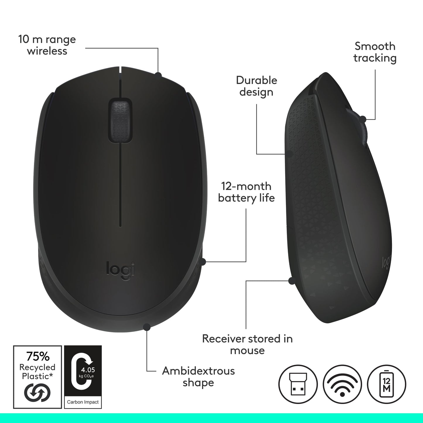 Logitech M170 Mouse Inalámbrico, con tecnología 2,4 GHZ, batería de hasta 12 Meses con modo ahorro, Receptor USB, Cursor y Desplazamiento Preciso, Compatible con Windows, Mac y Chrome - Negro