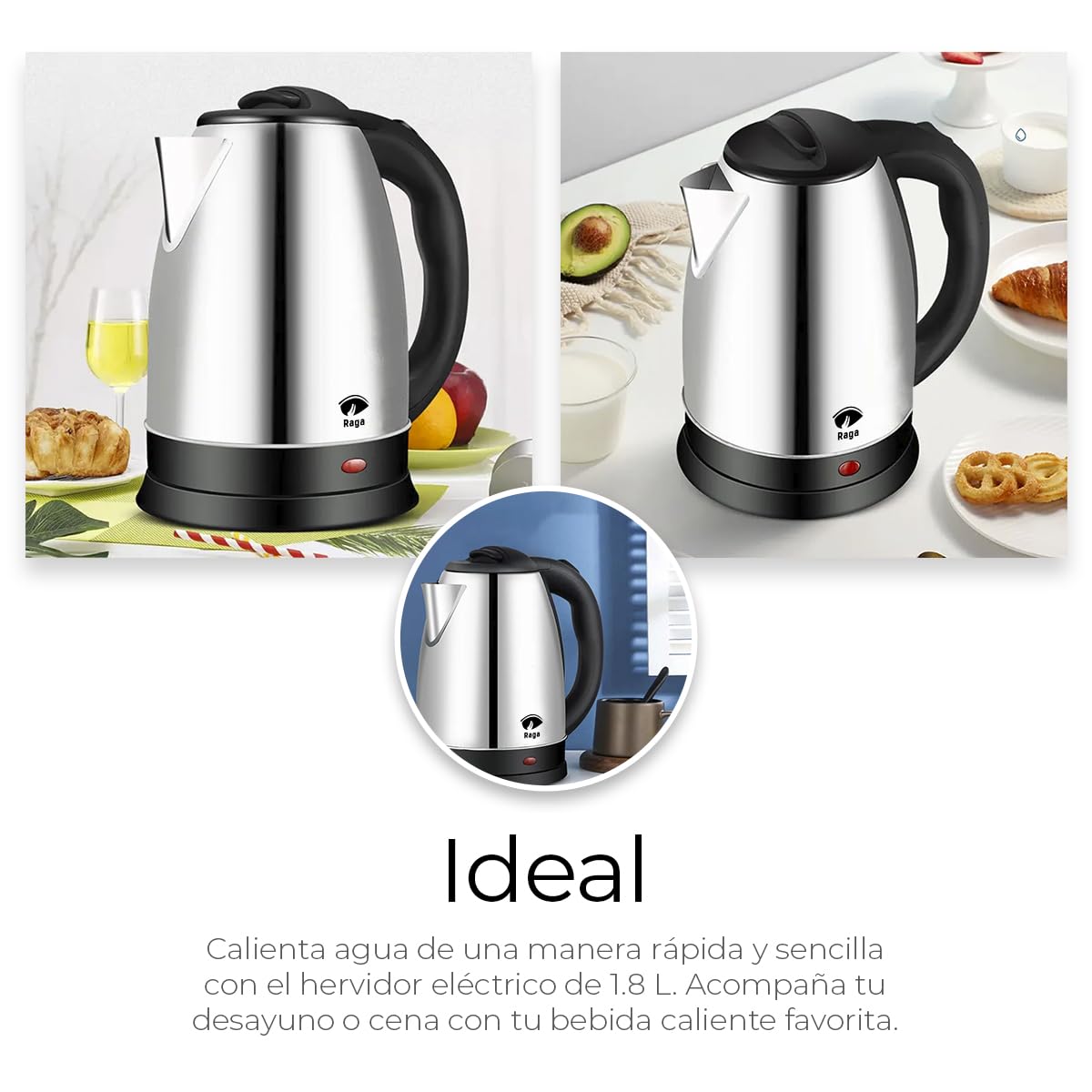 Tetera Eléctrica RagaBasics Acero Inoxidable Apagado Automático 900W 1.8 Litros
