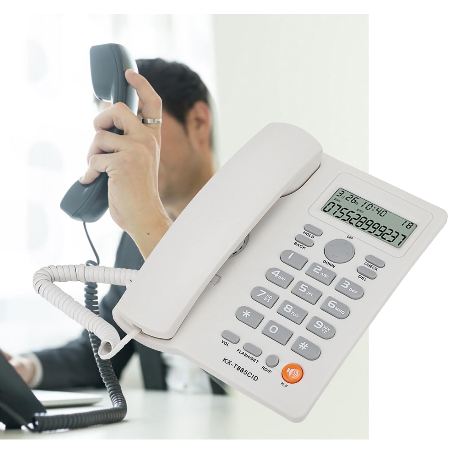 Teléfono con Cable Identificador de Llamadas Teléfono Manos Libres Oficina Hogar Hotel Teléfono Fijo Claro Sonido Marcado Rápido Función de Pausa / Retención Último Número Volver a Marcar(Blanco)