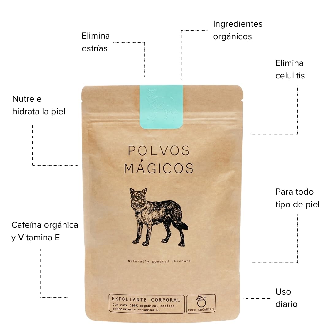 Exfoliante Corporal Polvos Mágicos Café Orgánico Aceite de Coco Anticelulitis y Estrías Bronceado Perfecto