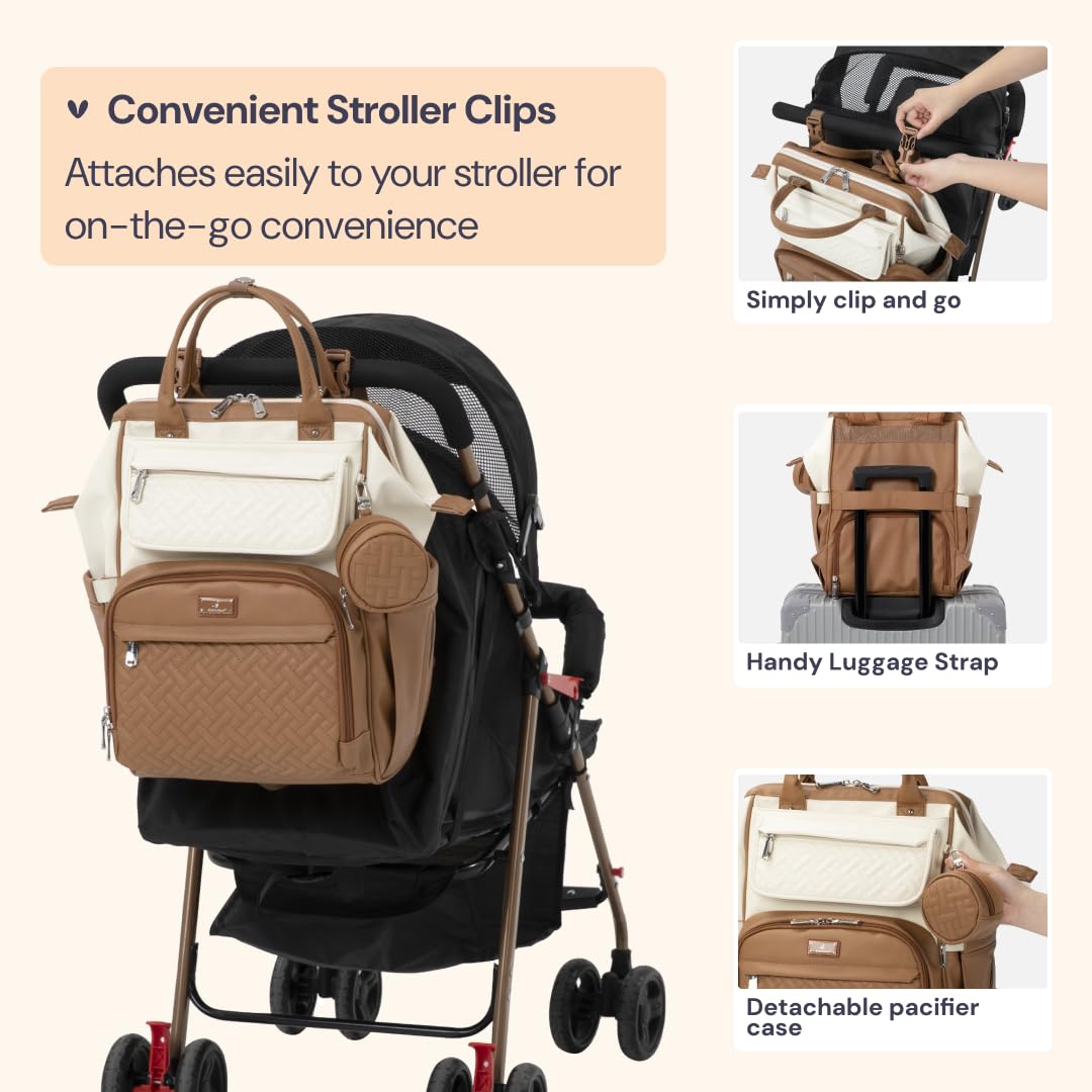 BabbleRoo - Mochila para pañales de cuero, mochila grande multifunción con cambiador y correas para el carrito y estuche para chupete, mochila de viaje elegante unisex, bolsa cambiadora de pañales