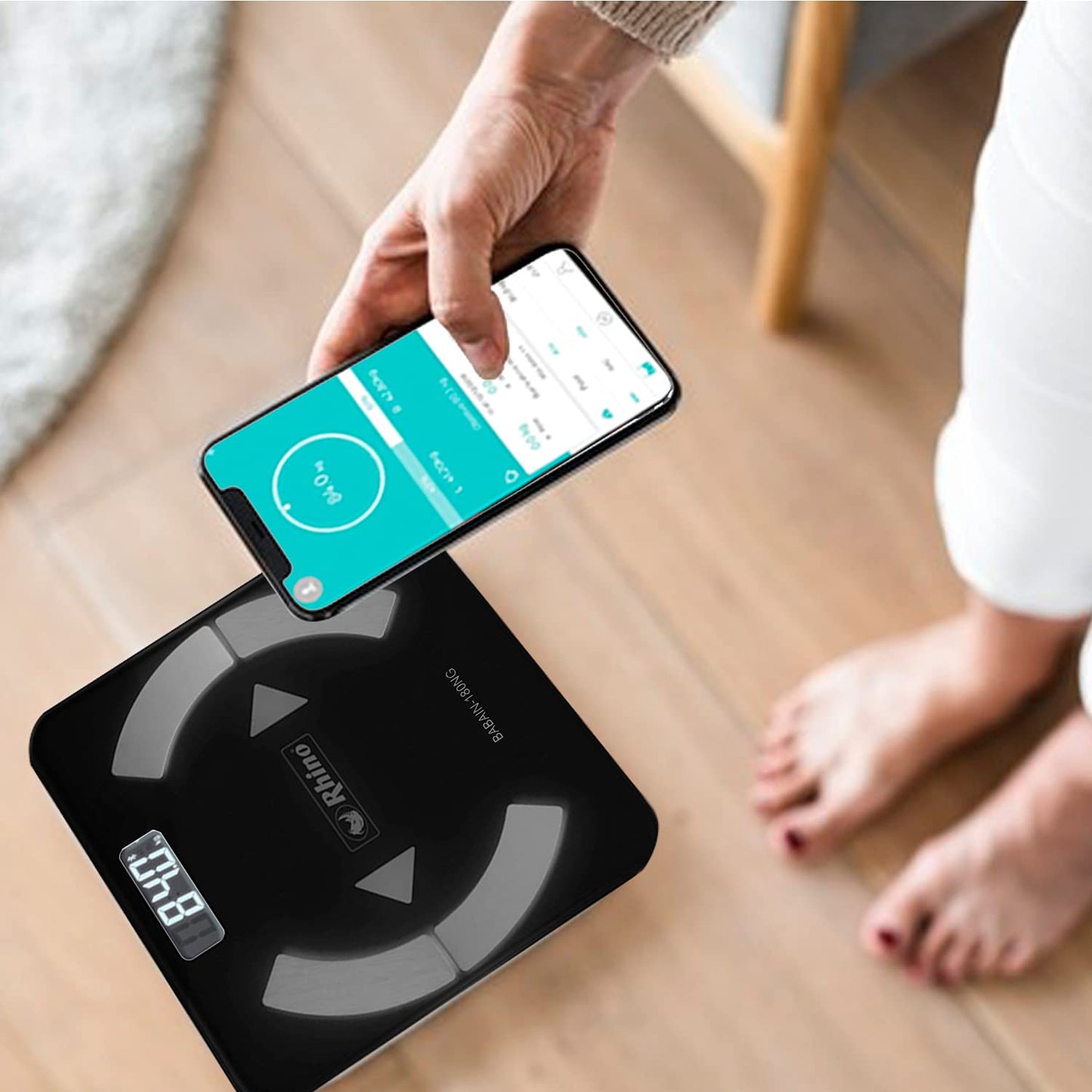 RHINO, Báscula Digital Corporal, Capacidad 180 kg/100g. Precisión, Conectividad Bluethooth, APP FITDAYS Gratis, Compatible iOS y Android, Baterías Incluidas, BABAIN-180NG
