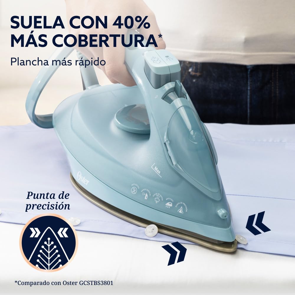 Oster Plancha de Vapor, AeroGlide Plus S7400, con Golpe de Vapor 200 g/min, Recubrimiento Metálico Cerámico, Suela con más Cobertura, Tecnología Aeroceramic, Antigoteo, Verde Claro, GCSTAC7402-013
