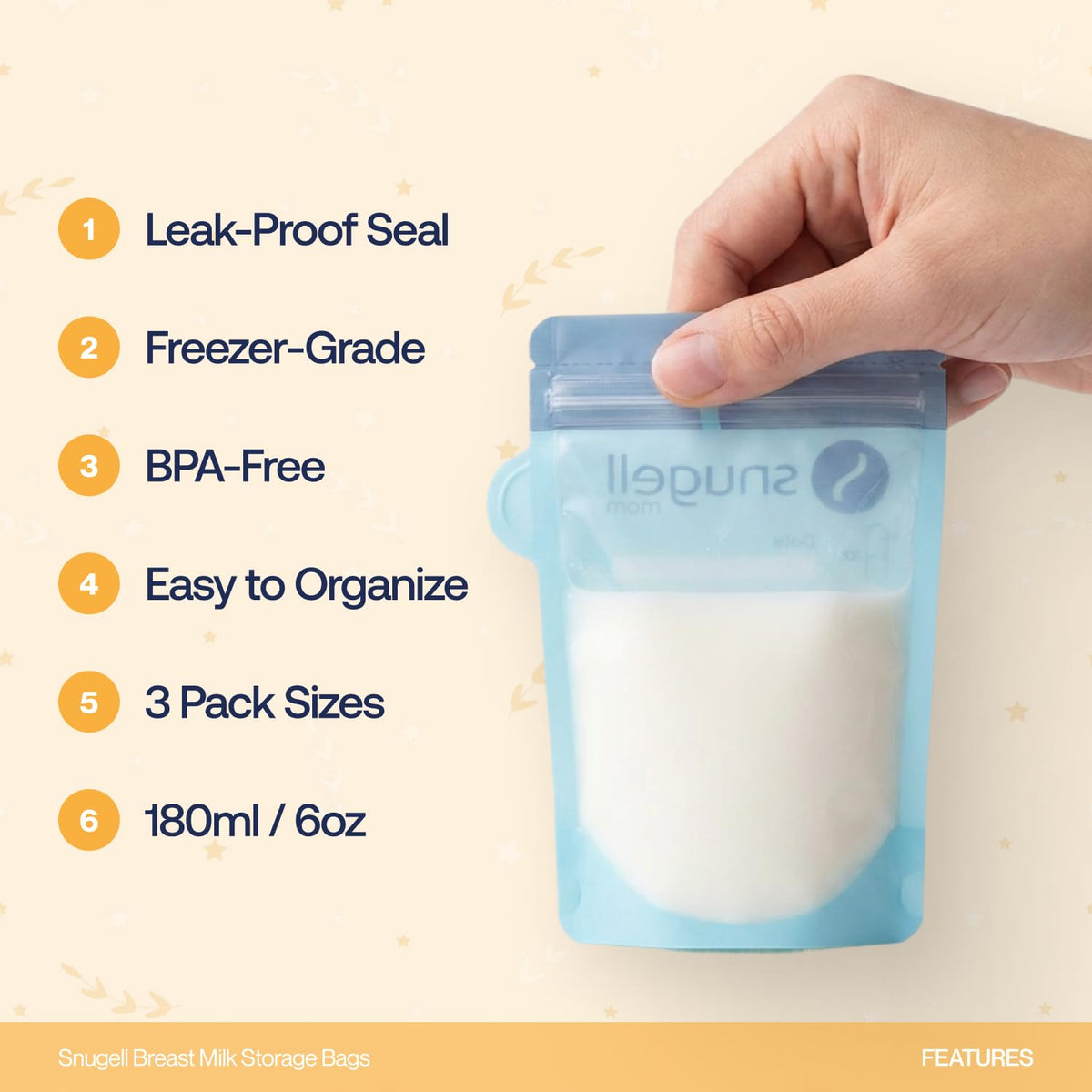 Snugell Bolsas de almacenamiento de leche materna / 180 ml, a prueba de fugas, sin BPA, duraderas y transparentes para una fácil visibilidad de la leche (150 unidades)