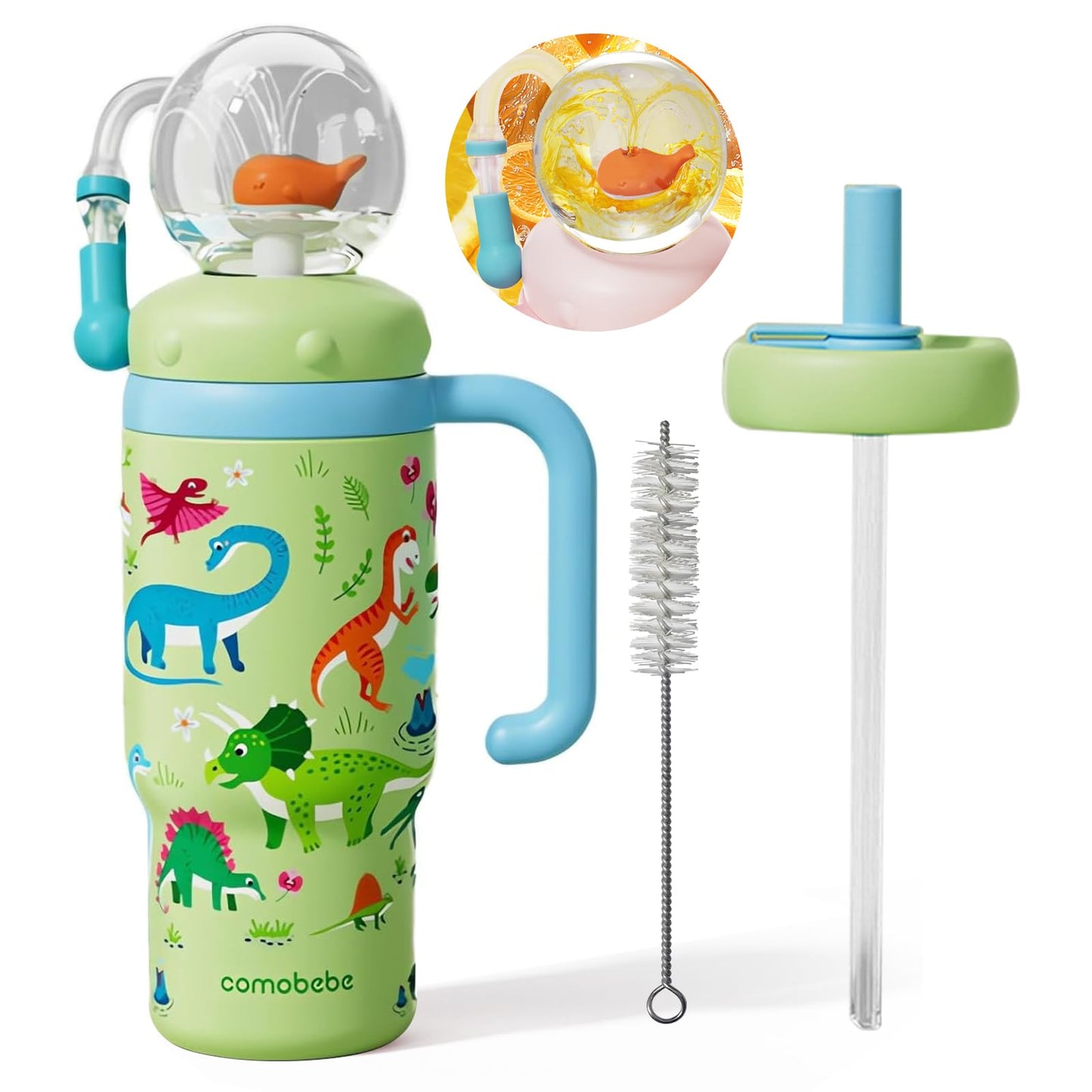 RUNSUNTUN Taza de viaje con forma de ballena aislada, taza de 680 mililitros de acero inoxidable con asa, taza con pajita a prueba de fugas, modelo 2025 - Lavable. Adecuada para niños, adolescentes y
