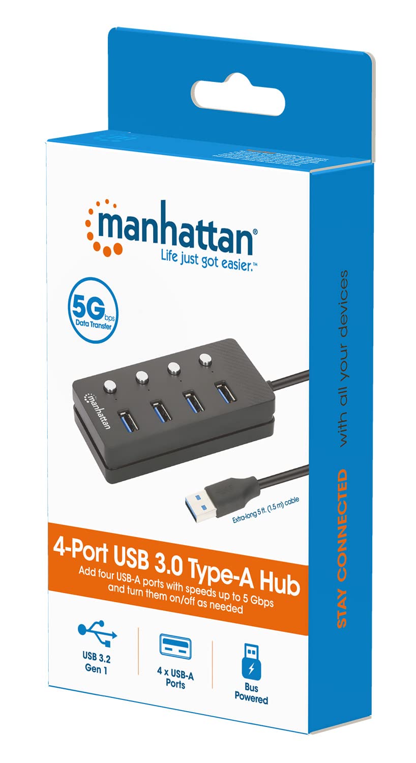 Manhattan Hub USB 180887 de 4 Puertos USB 3.2 con Interruptores de Encendido y Apagado por Puerto, SuperVelocidad de 5 Gbps, Cable Integrado de 1.5 m, Alimentación por Bus o CA, Negro