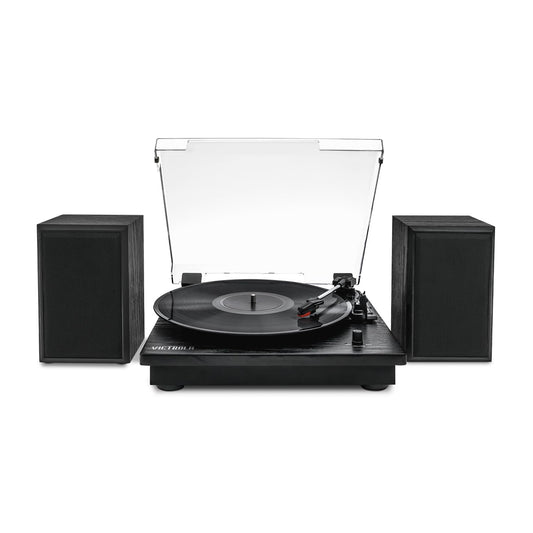 Tocadiscos Victrola Montauk Negro con Altavoces Bluetooth y Tapa Anti-polvo Desmontable