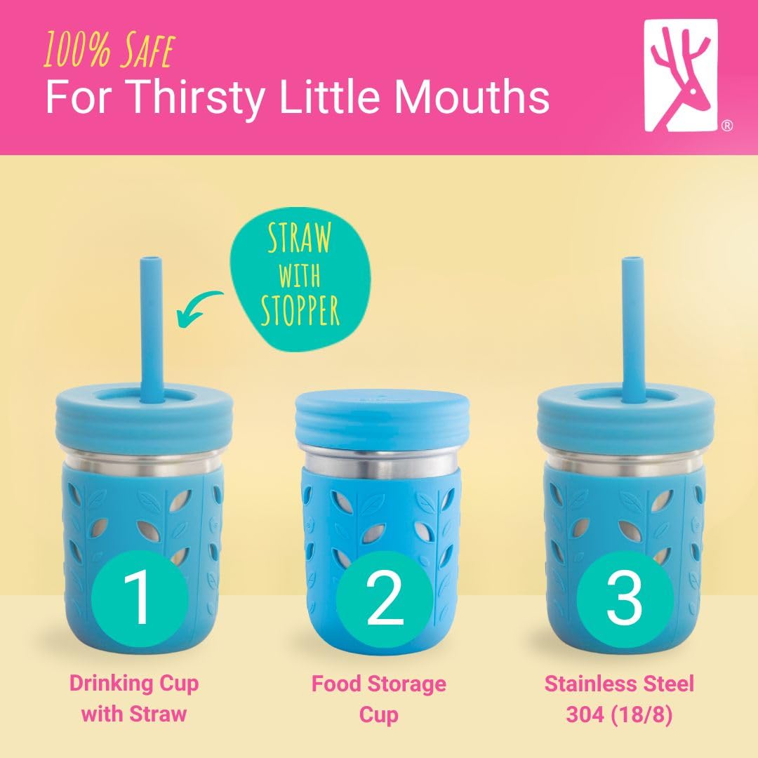 Elk and Friends Vasos de Acero Inoxidable | Frasco Mason de 10 oz | Vasos para niños y bebés con Fundas de Silicona y pajitas con tapón | Vasos para Batidos a Prueba de derrames
