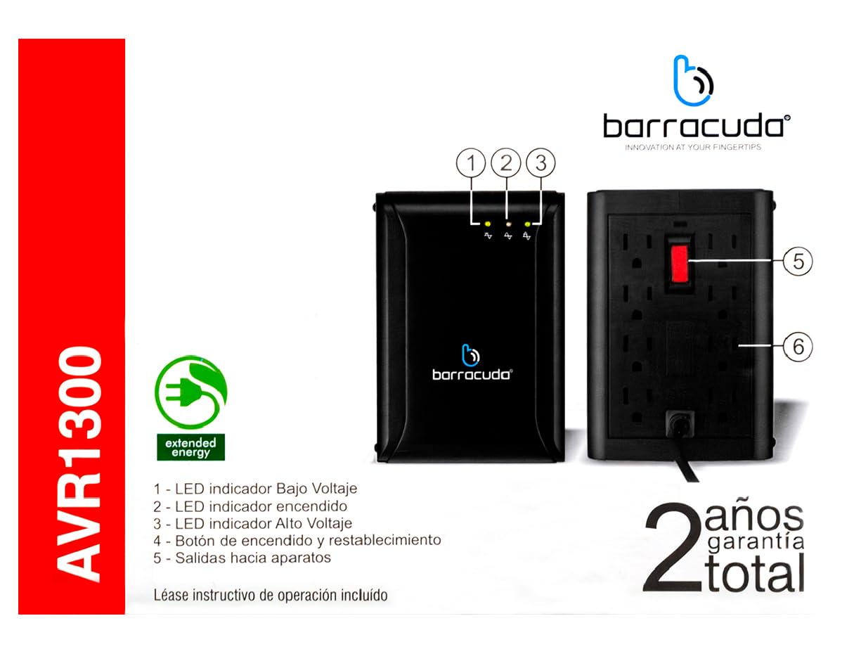 Barracuda Regulador De Voltaje Avr-1301 8 Contactos 700w Color Negro