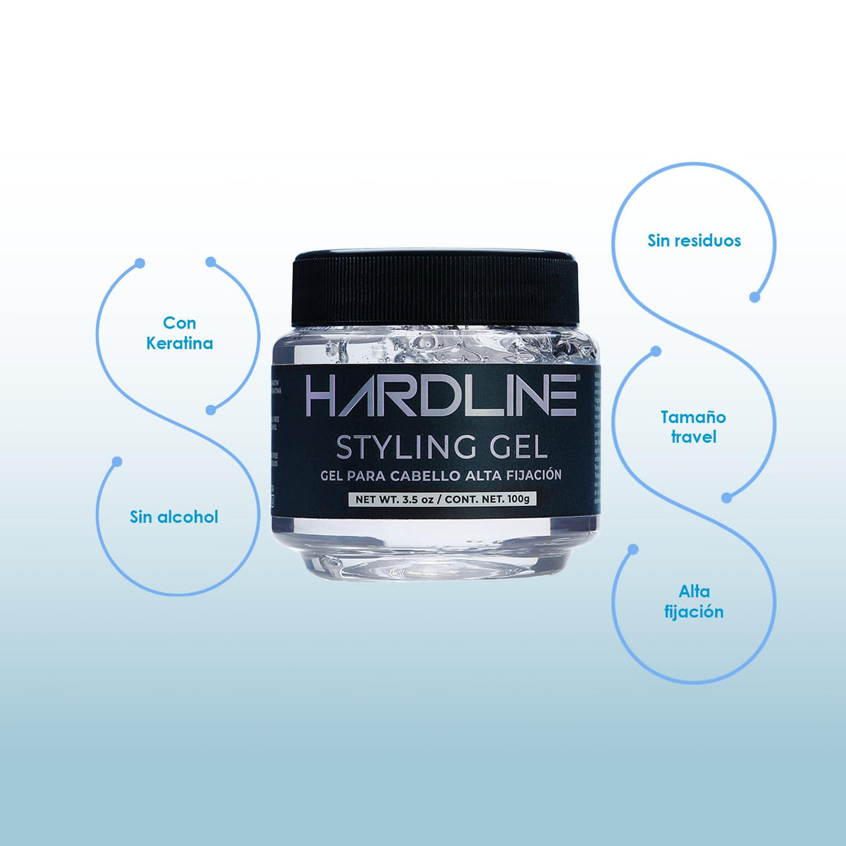 Hardline | Gel para cabello alta fijación 100 gr. Con keratina. No deja residuos. Caja con 10 piezas.