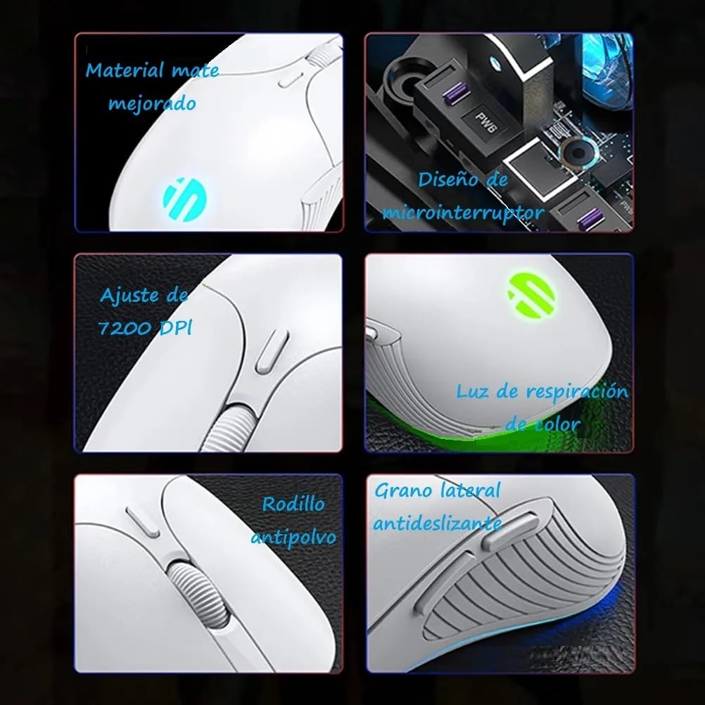 Mouse Gamer TECHWOLF Blanco USB RGB 4 Colores 6 Botones dpi Ajustable 7200 Clic Silencioso Diseño Ergonómico para Juegos y Oficina