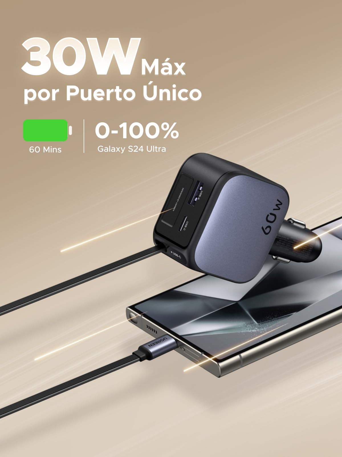 Cargador para Auto UGREEN Negro 3 en 1 60W Carga Rápida con Cable Retráctil USB C