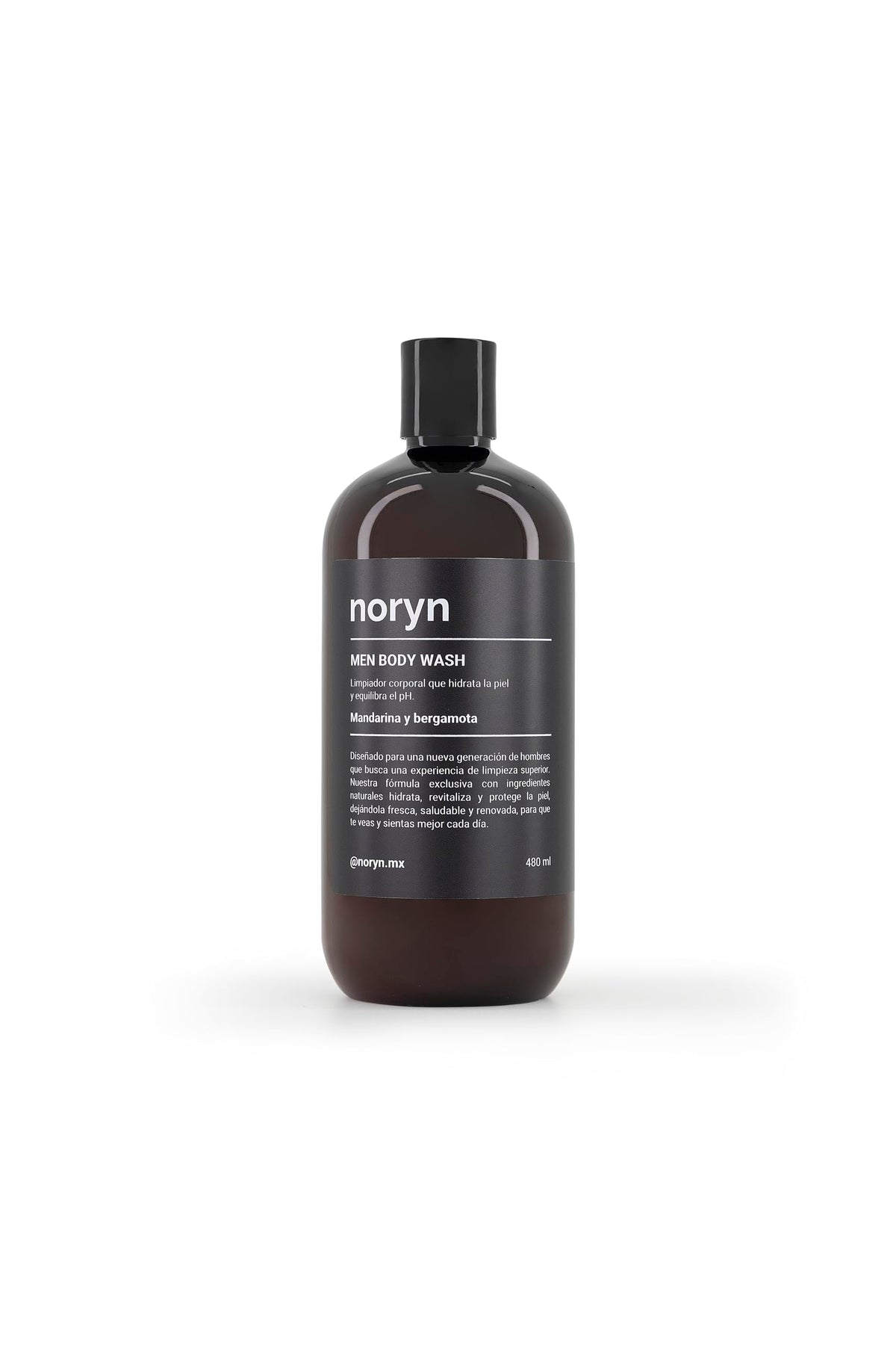 noryn Body Wash para Hombres 480 ml. Fórmula natural con mandarina y bergamota. Limpia, humecta y revitaliza la piel, aportando frescura inmediata.