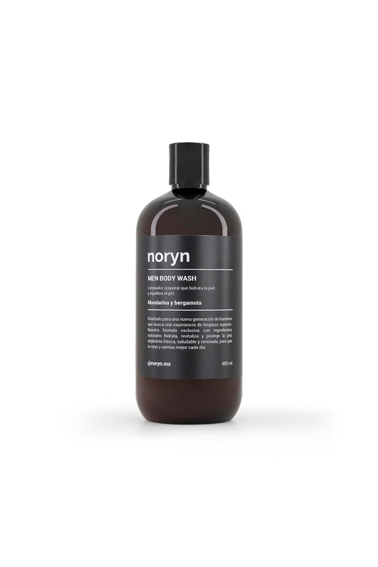 noryn Body Wash para Hombres 480 ml. Fórmula natural con mandarina y bergamota. Limpia, humecta y revitaliza la piel, aportando frescura inmediata.