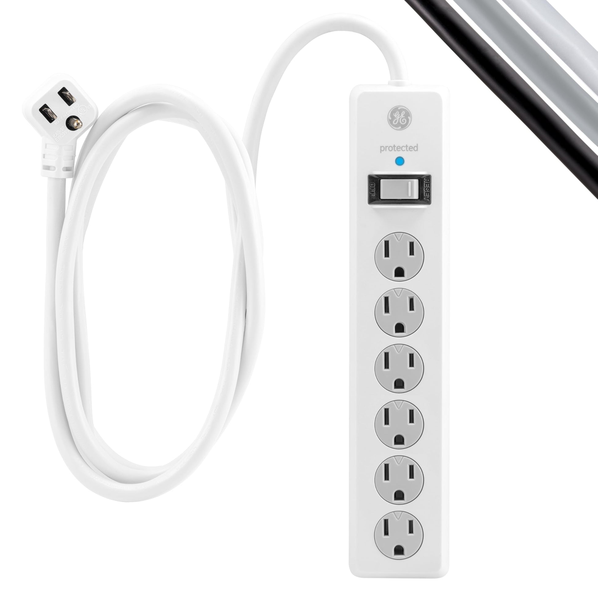 GE Tira Multicontactos De 6 Salidas Con Supresor De Picos Y Enchufe Plano, Cable De Extensión De 3.0 Metros (10 Pies),800 Julios, Cubiertas De Seguridad Con Giro Para Cerrar,Blanco,2 Unidades, 46862-1
