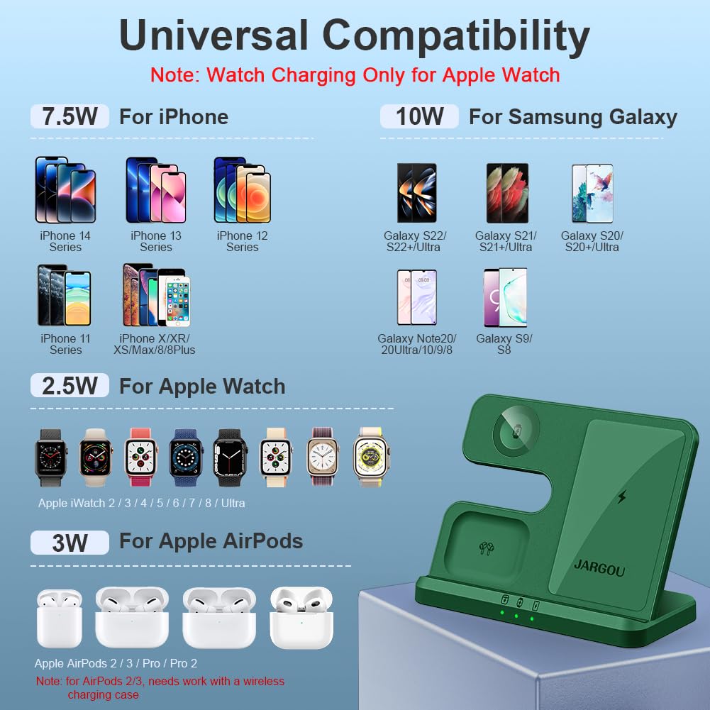 JARGOU - Estación de carga 3 en 1 para Apple Cargador inalámbrico para iPhone 16 15 14 13 12 11 X 8 y para Apple Watch Charger estación de carga inalámbrica para múltiples dispositivos para AirPods 4