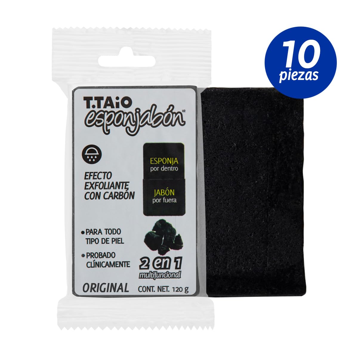 Jabón Corporal con Esponja Integrada 2 en 1, Exfoliación Suave, Aroma Carbón Activado, Pack 10 Piezas, ESPONJABON T.TAIO