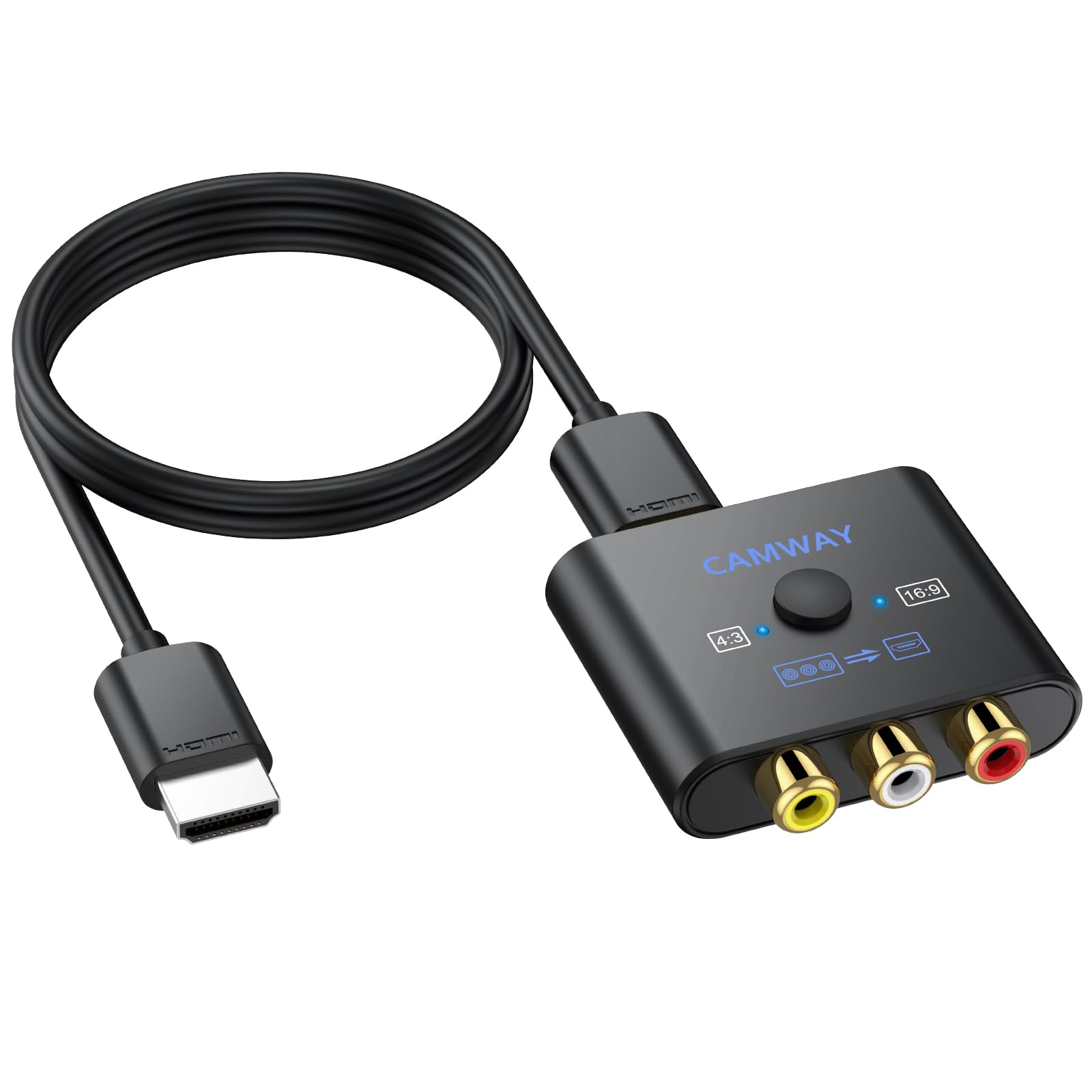 CAMWAY Adaptador RCA a HDMI, 16:9/4:3, conversión 1080P compuesto CVBS AV RCA convertidor de audio de vídeo con cable HDMI de 50 cm, adaptador AV compatible con PAL/NTSC para Wii/PS1/PS2/N64/Xbox/DVD