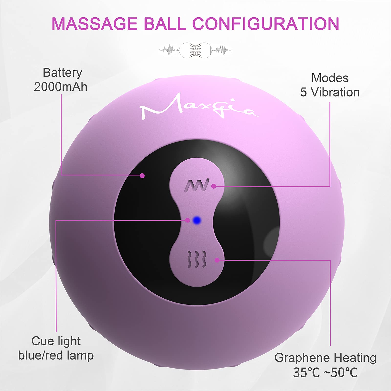 Bola de Masaje Vibratoria Maxgia Púrpura con Calefacción y Doble Rodillo para Liberación Miofascial y Alivio del Dolor