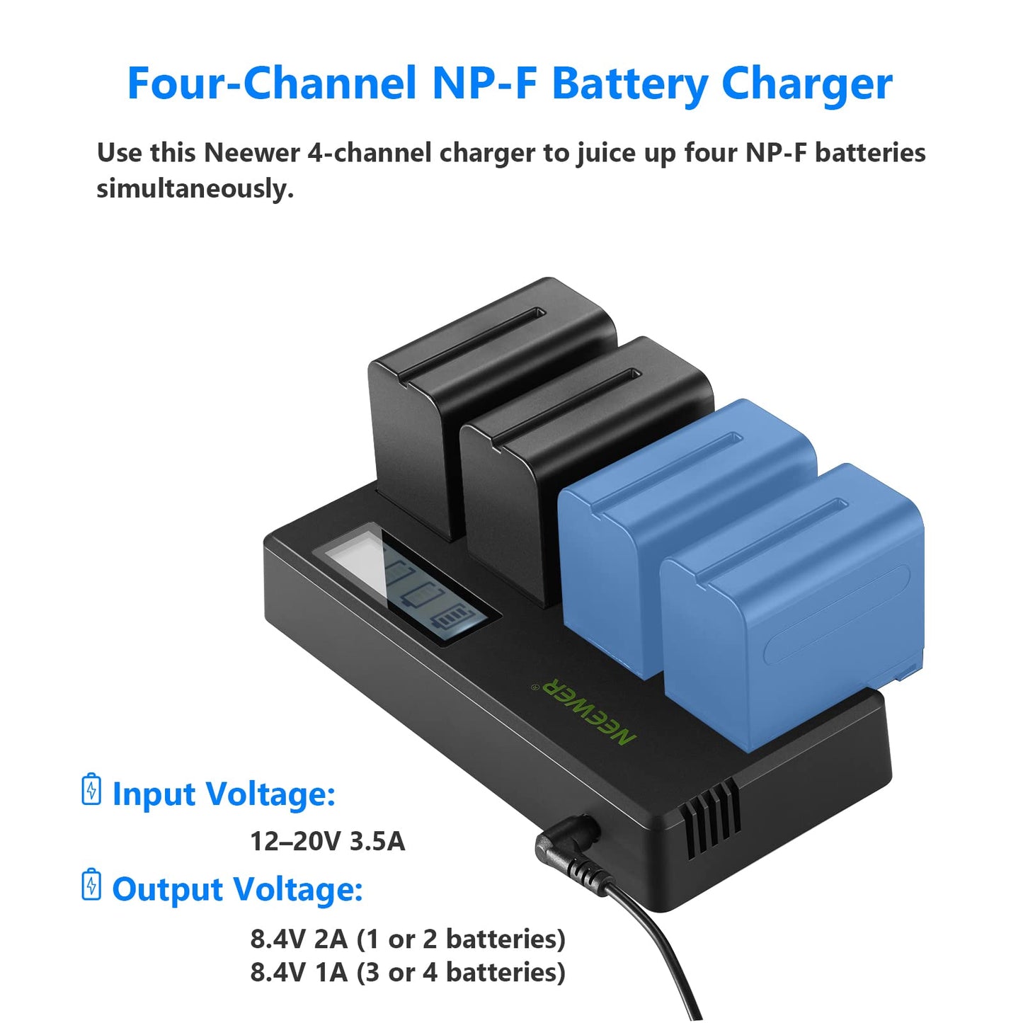 Baterías de Repuesto NEEWER Negras 6600mAh con Cargador de 4 Canales y Adaptador de Corriente para Monitor de Campo y Luz de Vídeo
