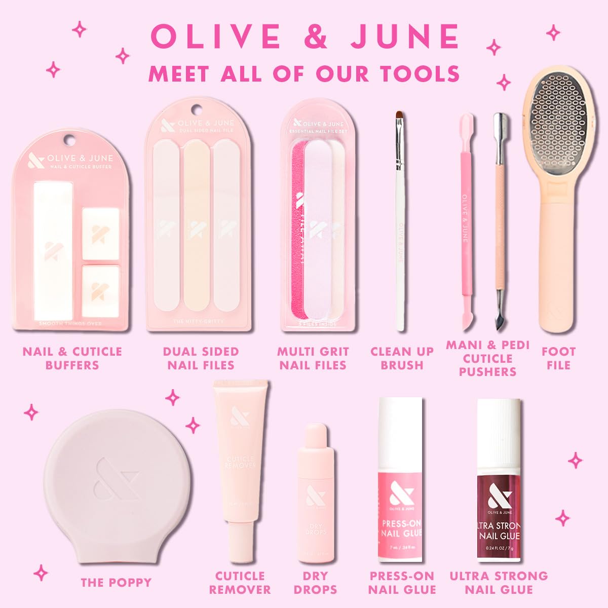 Olive & June Paquete de limas de uñas | 3 limas de doble cara para alisar y dar forma | 2 limas de estilo salón para manicura y pedicura | Herramientas de uñas de calidad profesional para uso en casa