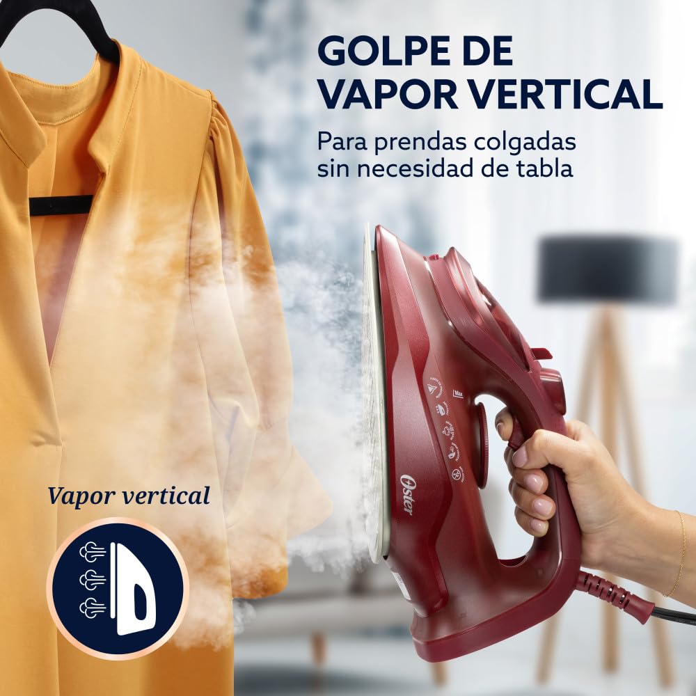 Oster Plancha de Vapor, AeroGlide S7200, con Golpe de Vapor 180 g/min, Recubrimiento Metálico Cerámico, Suela con más Cobertura, Tecnología Aeroceramic, Antigoteo, Rojo, GCSTAC7201-013