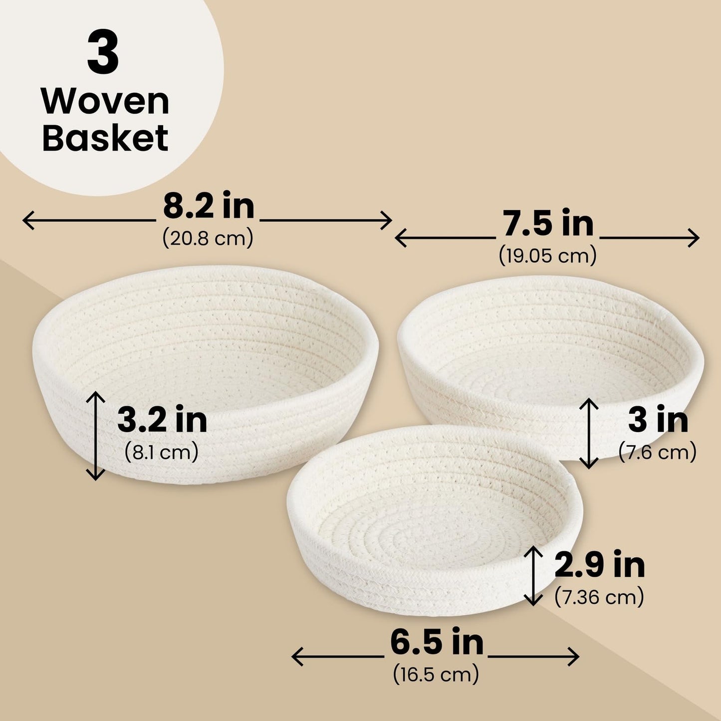 Woven Storage Baskets - 3-Pack Cotton Rope Baskets, Decorative Hampers, Collapsible Rope Storage Bins for Toys, Towels, Blankets, Nursery, Kids Room, 3 Sizes, White