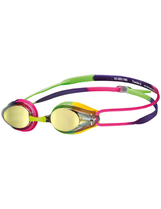 ARENA Tracks - anteojos de natación unisex para jóvenes juveniles esenciales para carreras para niños, nadadores, jóvenes corredores 6-12, lentes de espejo con revestimiento antivaho,