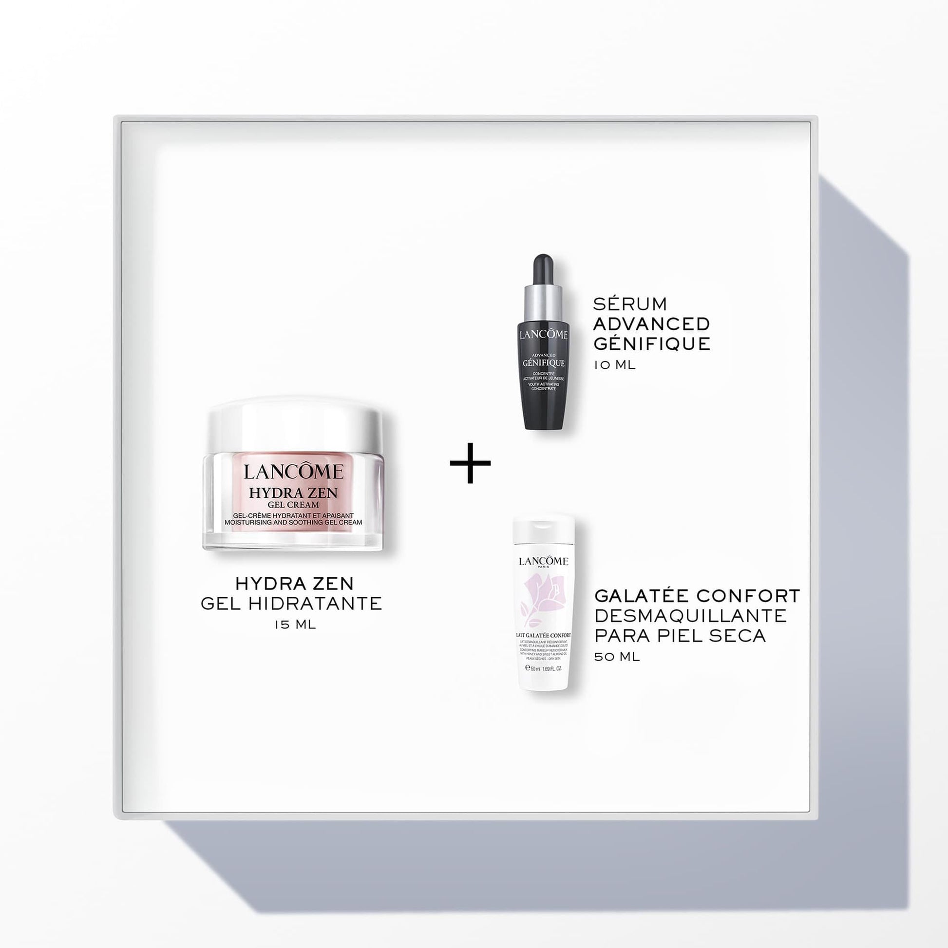 Lancôme, Hydra Zen, Set de Cremas, Crema en Gel Hydra Zen 15 ml + Suero Advanced Génifique 10 ml + Removedor de Maquillaje Lait Galatée Confort 50 ml, Para Hidratar y Calmar la Piel, Suaviza e Ilumina, 3 Piezas