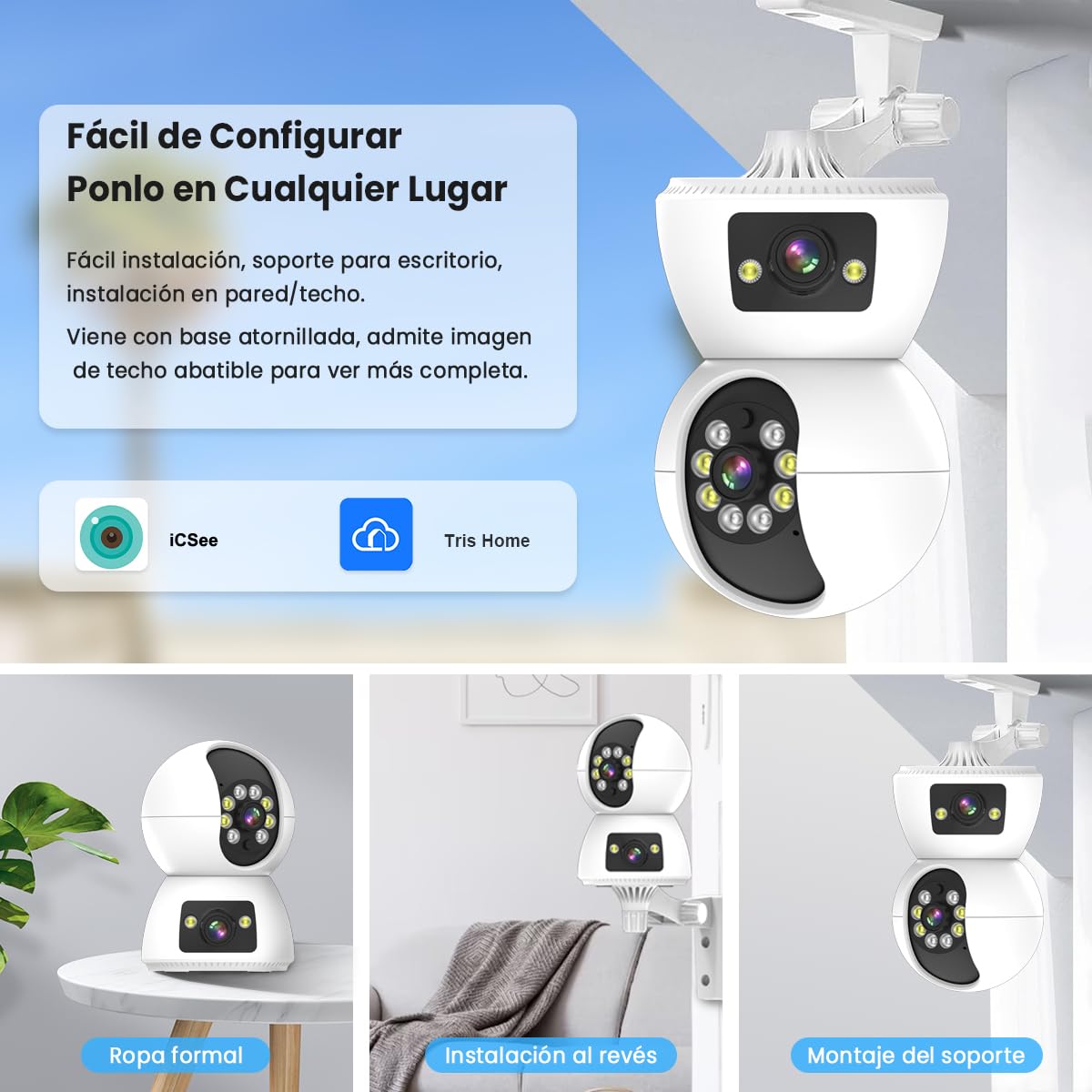 Cámara de Seguridad EASYTAO Q24 2MP WiFi Doble Lente con Audio Bidireccional y Visión Nocturna Compatible Alexa