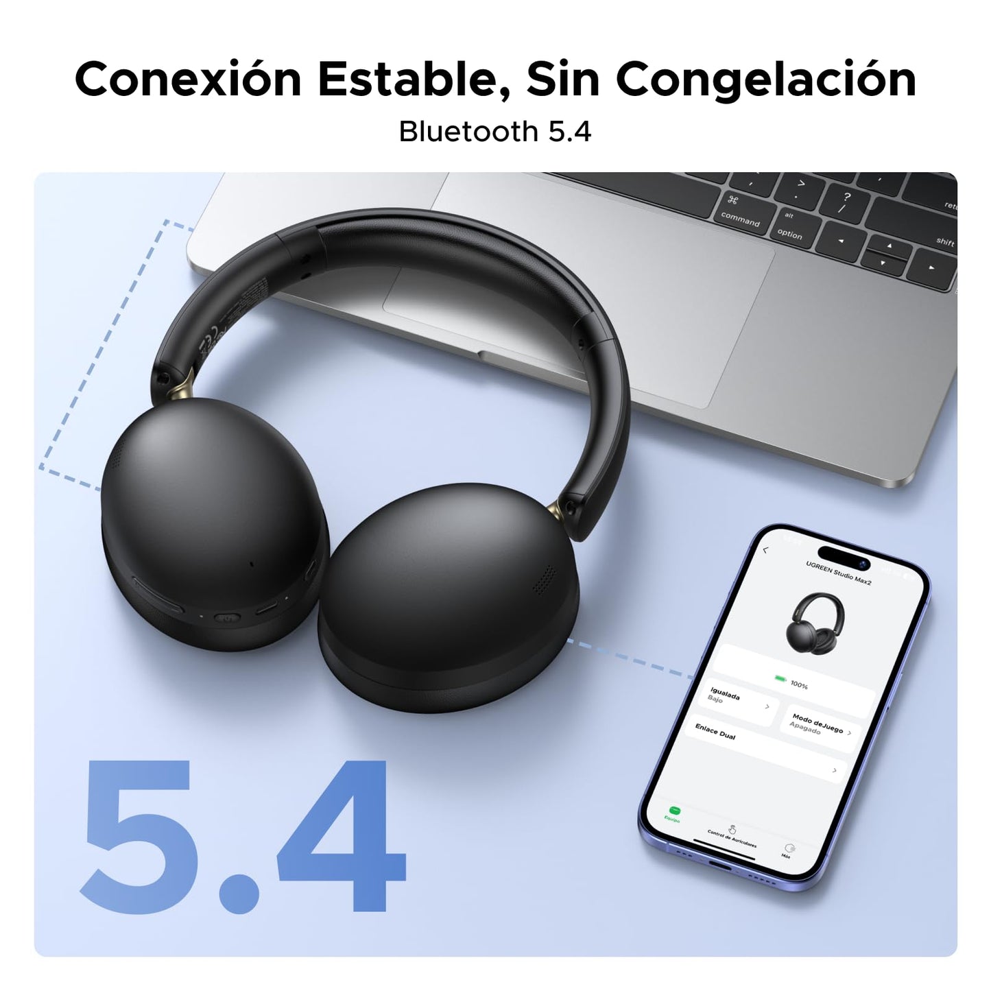 Audífonos Inalámbricos UGREEN Negruzco con Micrófono y Bluetooth 5.4, 40mm Controladores, 243g Ligero, 80 Horas de Reproducción, Gamer, Conexión Dual