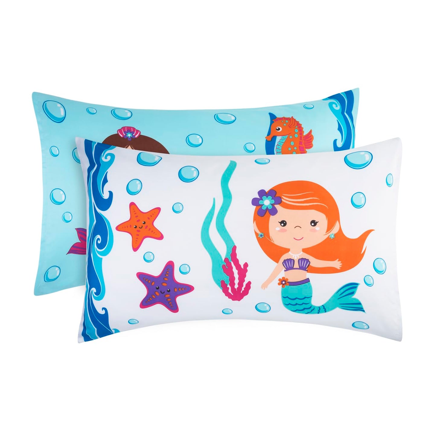 EVERYDAY KIDS Juego de ropa de cama de 4 piezas para niños pequeños -Aventura de Sirenas Submarinas- Incluye edredón, sábana encimera, sábana bajera y funda de almohada reversible