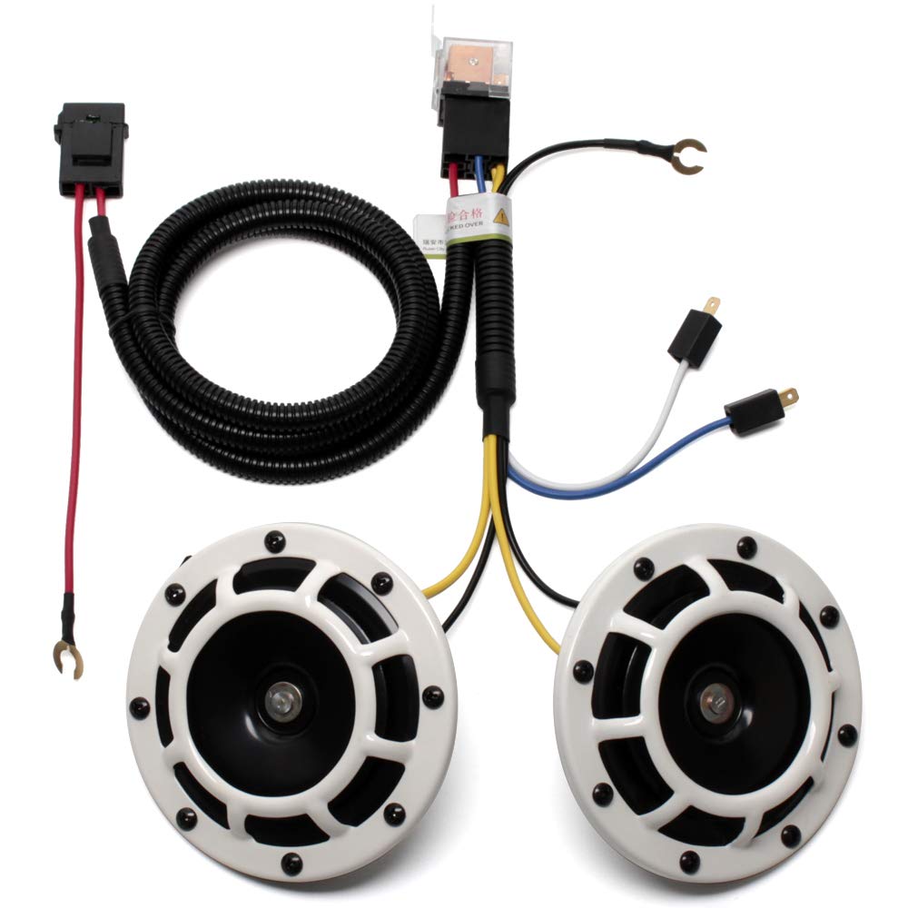 FARBIN - Bocinas de coche de 12 V, tono alto, tono bajo, metal, doble con arnés de relé, universal para camión, coche, motocicleta (blanco con arnés de cableado)